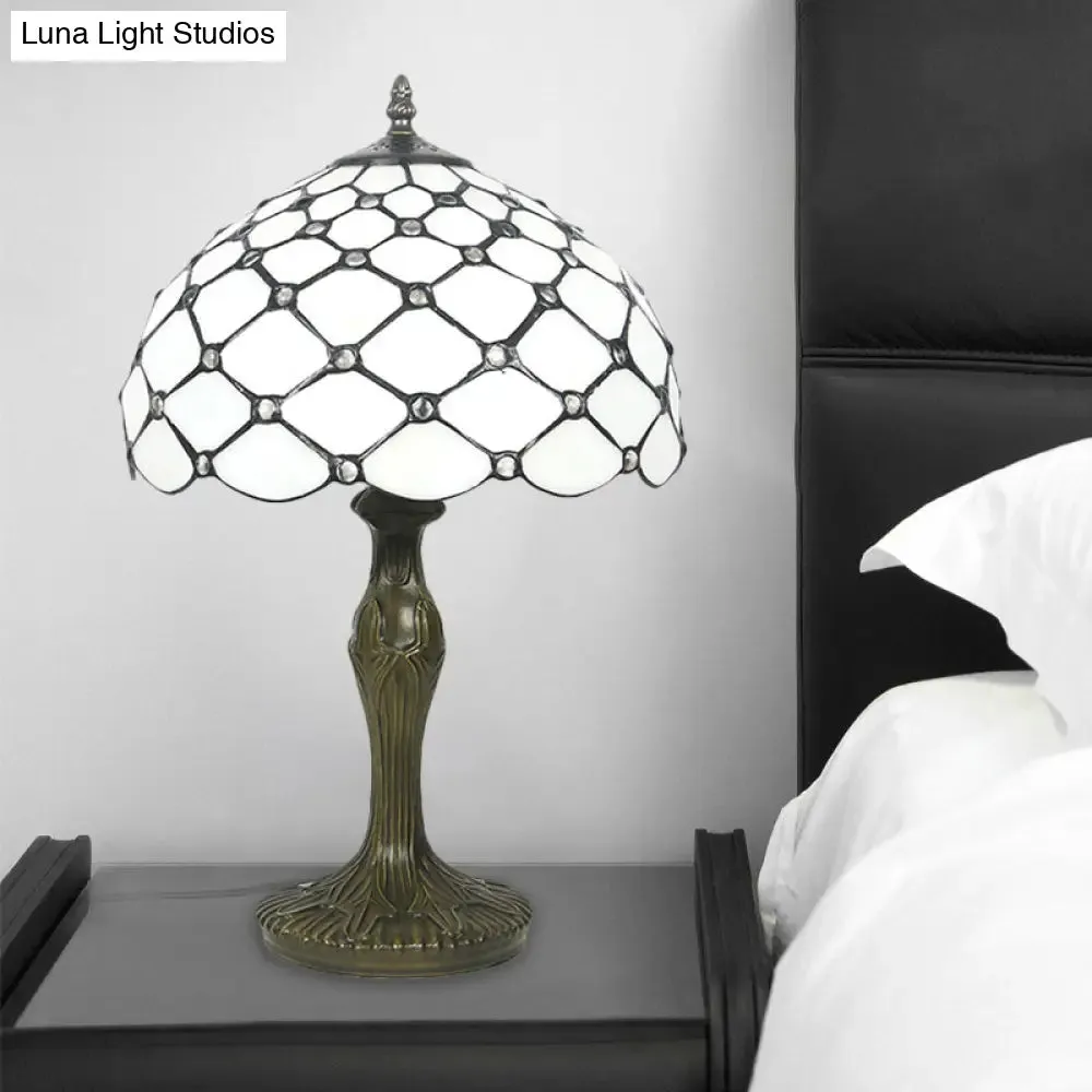 Brass Tiffany White Glass Beaded Task Lamp with Scalloped Edge - 1 Light Night Lighting