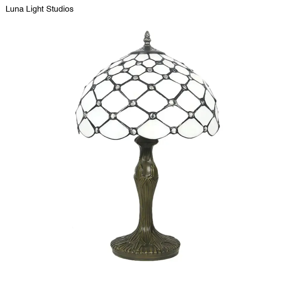 Brass Tiffany White Glass Beaded Task Lamp with Scalloped Edge - 1 Light Night Lighting