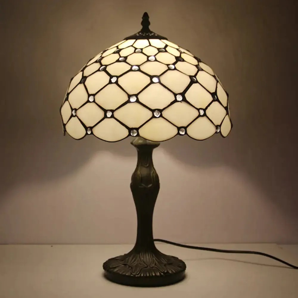 Brass Tiffany White Glass Beaded Task Lamp with Scalloped Edge - 1 Light Night Lighting