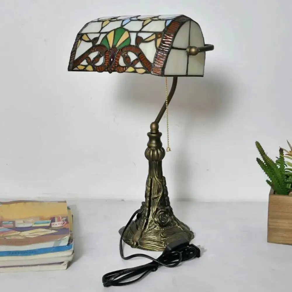 Bronze Pull Chain Desk Lamp with Hand-Cut Glass Shade & Plug-In Cord – Mediterranean Style