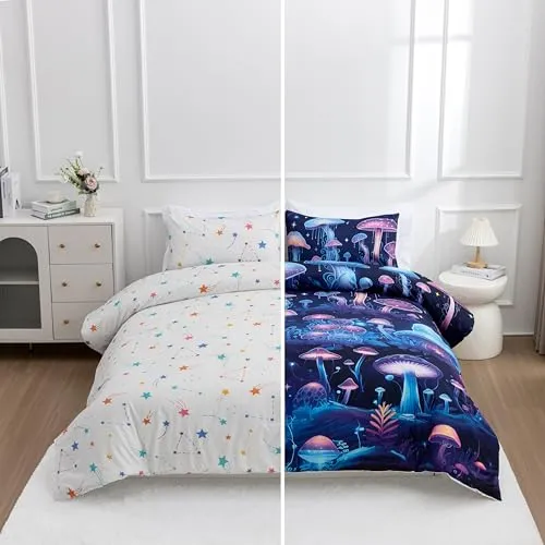 Btargot Full Colorful Cartoon Mushroom Star Kids Comforter Set, 3 Piece Soft Glitter Gradient Plants Pattern Bedding Set for Girls Boys, Multicolor