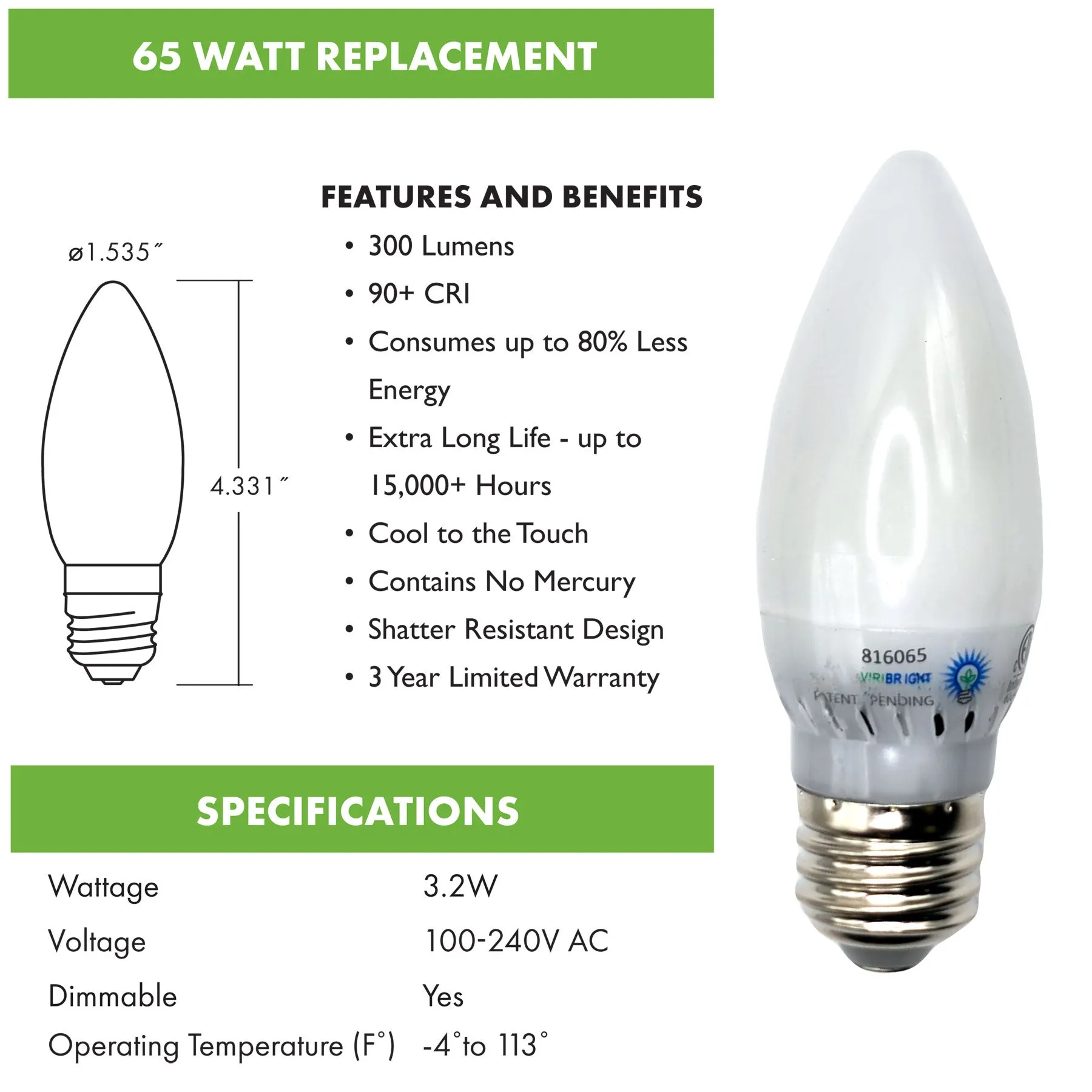 Candelabra 3.2 Watt B11 E26 40-Watt EQ Frosted LED Light Bulb