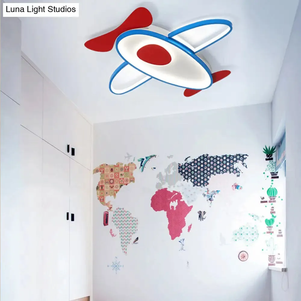 Cartoon Propeller Plane LED Ceiling Light for Kids' Bedroom in Red & Blue