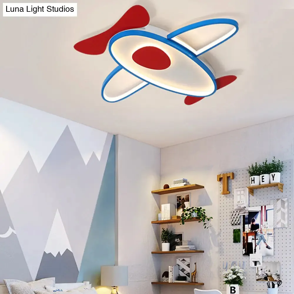 Cartoon Propeller Plane LED Ceiling Light for Kids' Bedroom in Red & Blue