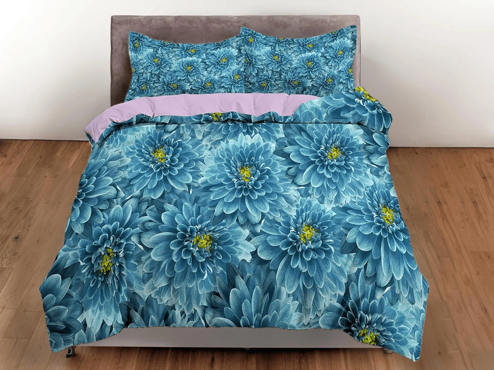 Chrysanthemum floral bedding, luxury duvet cover queen, king, boho duvet, designer bedding, aesthetic bedding, maximalist decor blue bedding