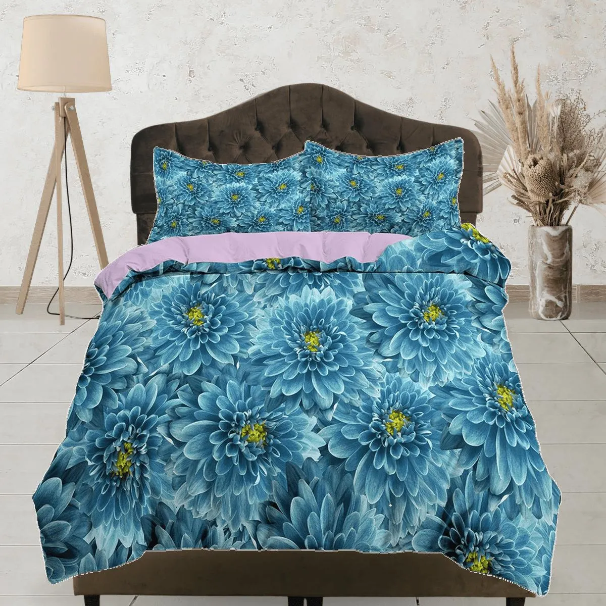 Chrysanthemum floral bedding, luxury duvet cover queen, king, boho duvet, designer bedding, aesthetic bedding, maximalist decor blue bedding