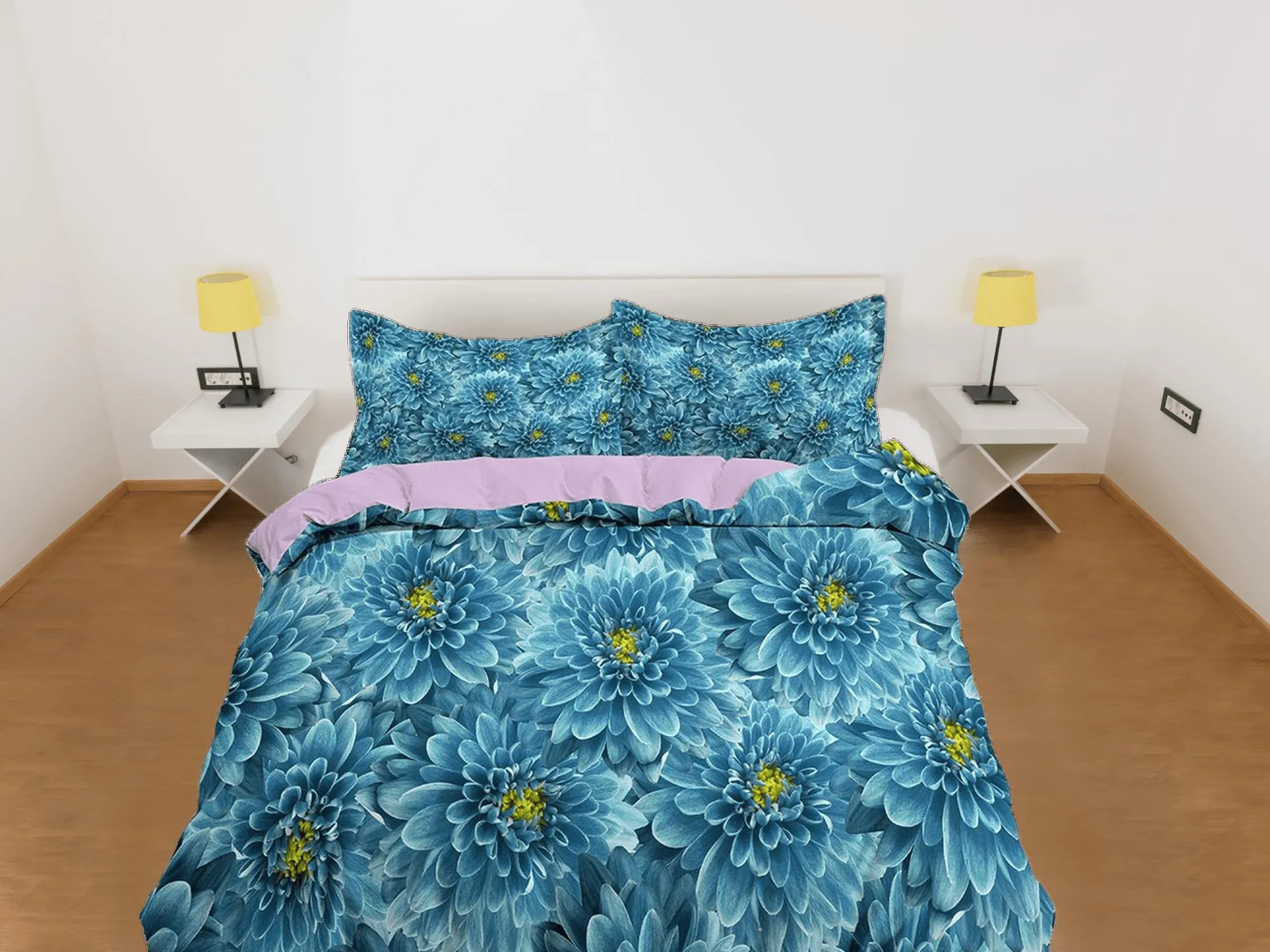 Chrysanthemum floral bedding, luxury duvet cover queen, king, boho duvet, designer bedding, aesthetic bedding, maximalist decor blue bedding