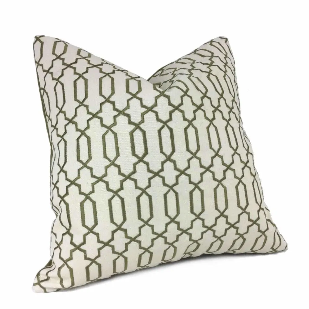 (CLEARANCE) Elysa Green Olive & Cream Embroidered Geometric Fretwork Lattice Pillow Cover