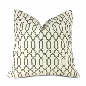 (CLEARANCE) Elysa Green Olive & Cream Embroidered Geometric Fretwork Lattice Pillow Cover