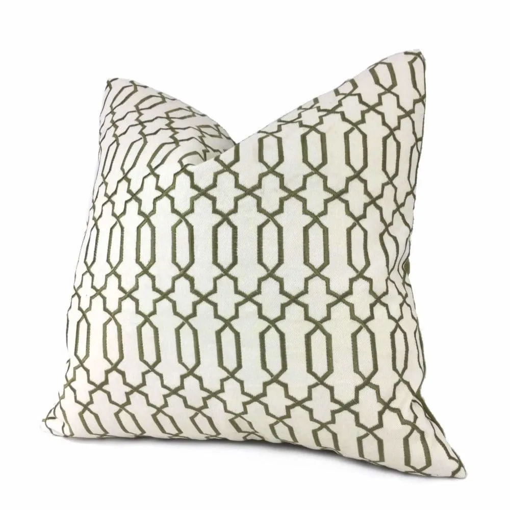 (CLEARANCE) Elysa Green Olive & Cream Embroidered Geometric Fretwork Lattice Pillow Cover