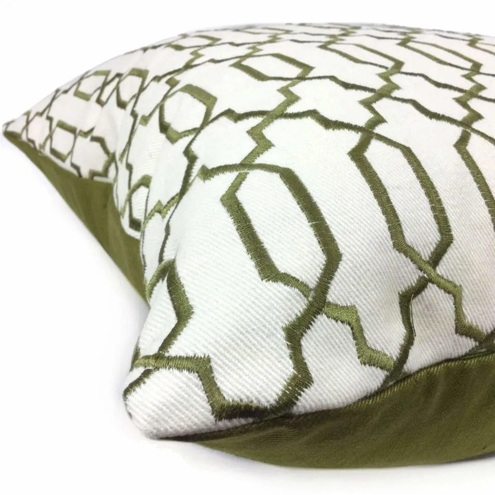 (CLEARANCE) Elysa Green Olive & Cream Embroidered Geometric Fretwork Lattice Pillow Cover