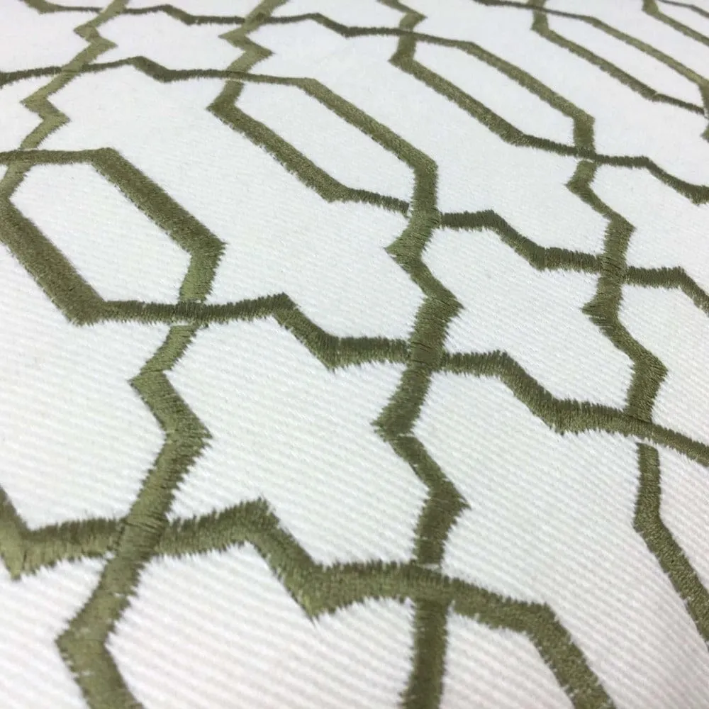 (CLEARANCE) Elysa Green Olive & Cream Embroidered Geometric Fretwork Lattice Pillow Cover