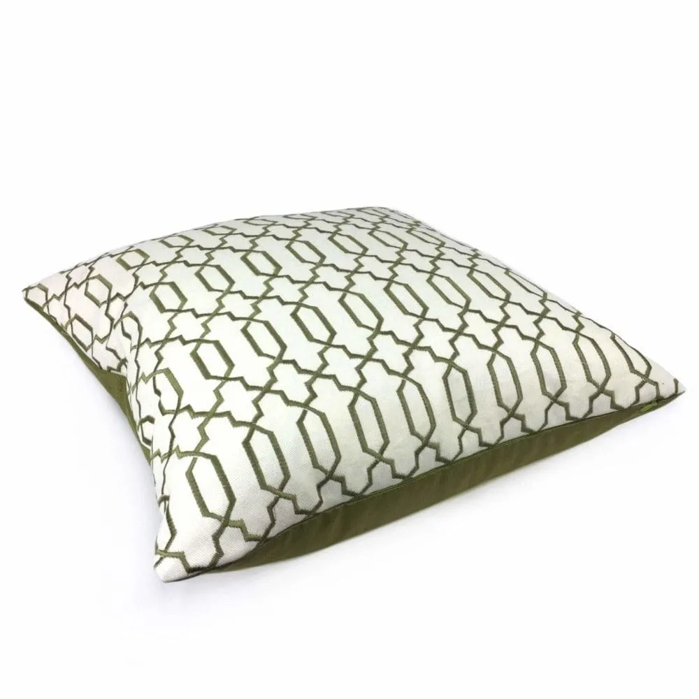 (CLEARANCE) Elysa Green Olive & Cream Embroidered Geometric Fretwork Lattice Pillow Cover