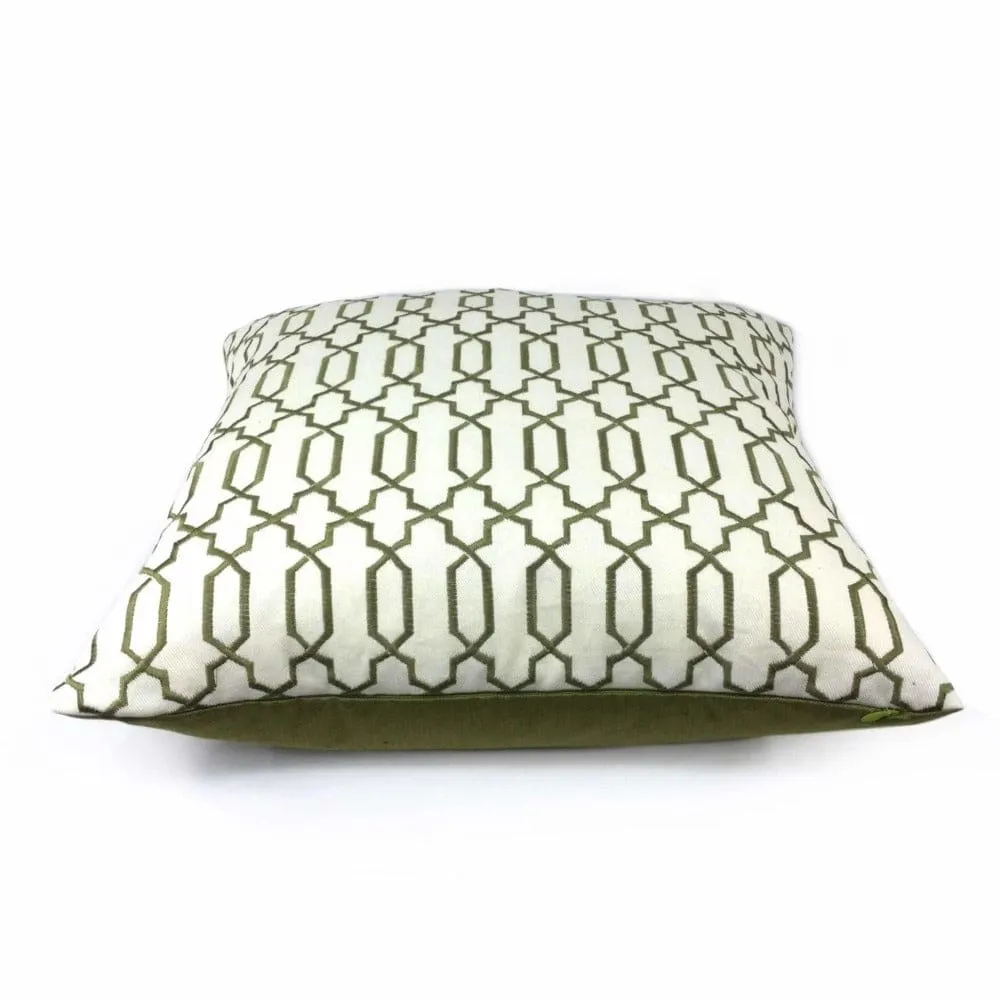 (CLEARANCE) Elysa Green Olive & Cream Embroidered Geometric Fretwork Lattice Pillow Cover