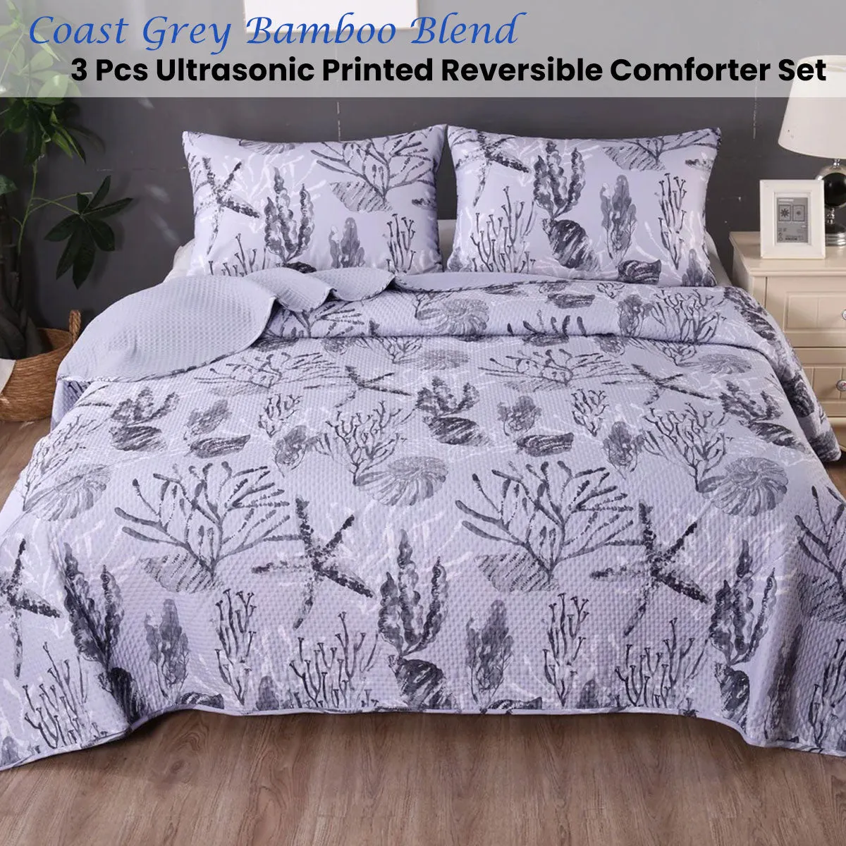 Coast Grey 3 Pcs Bamboo Blend Ultrosonic Reversible Comforter Set Queen