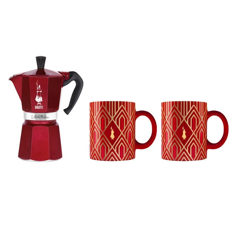 Coffee Maker Bialetti Deco Glamour Moka Express 6Tz   2 Mugs Red