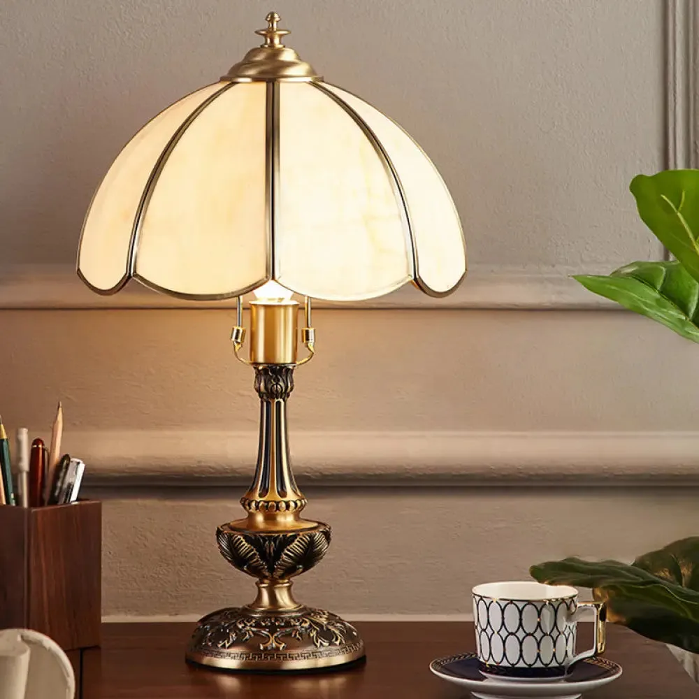 Colonial Style Brass Scalloped Nightstand Lamp with Opaque Glass - Ideal for Single Bedroom Nightstands