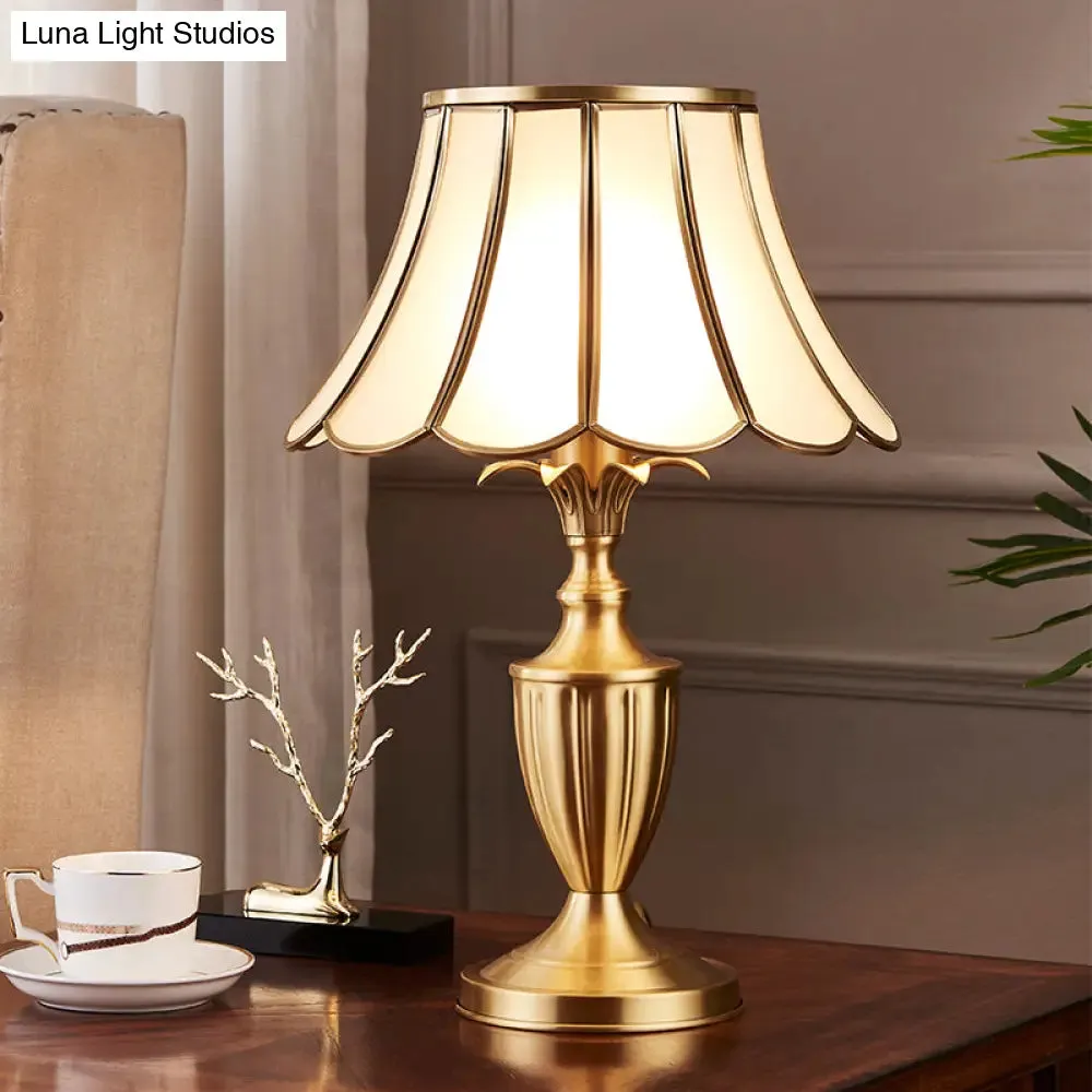 Colonial Style Brass Scalloped Nightstand Lamp with Opaque Glass - Ideal for Single Bedroom Nightstands