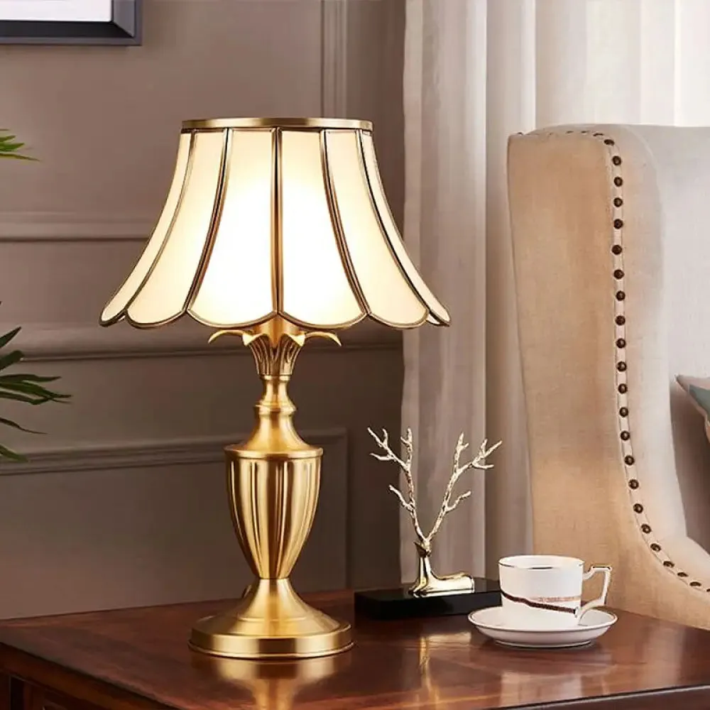 Colonial Style Brass Scalloped Nightstand Lamp with Opaque Glass - Ideal for Single Bedroom Nightstands