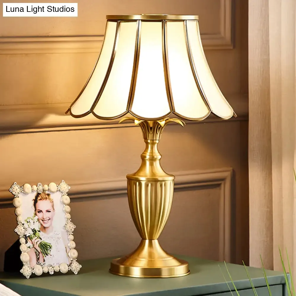 Colonial Style Brass Scalloped Nightstand Lamp with Opaque Glass - Ideal for Single Bedroom Nightstands