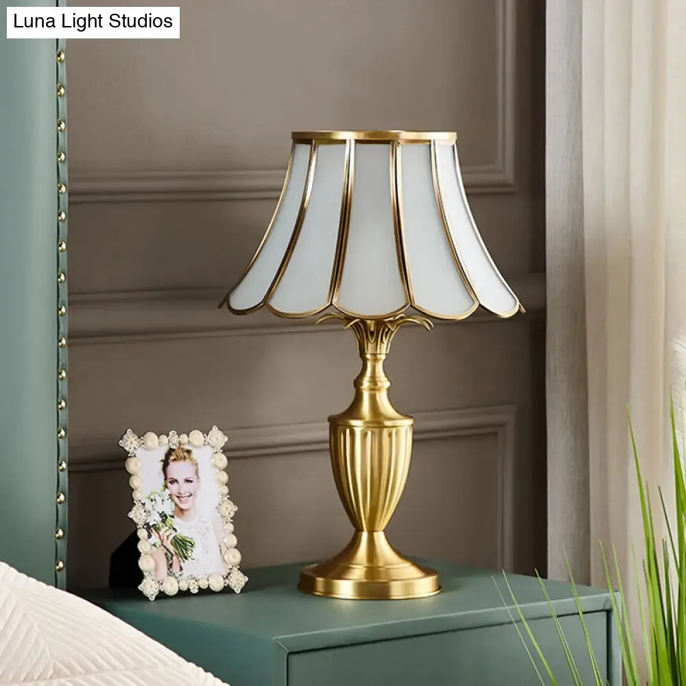 Colonial Style Brass Scalloped Nightstand Lamp with Opaque Glass - Ideal for Single Bedroom Nightstands