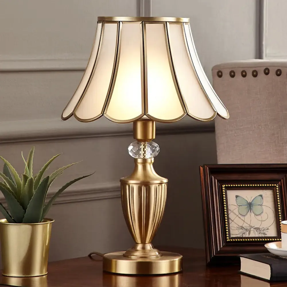 Colonial Style Brass Scalloped Nightstand Lamp with Opaque Glass - Ideal for Single Bedroom Nightstands