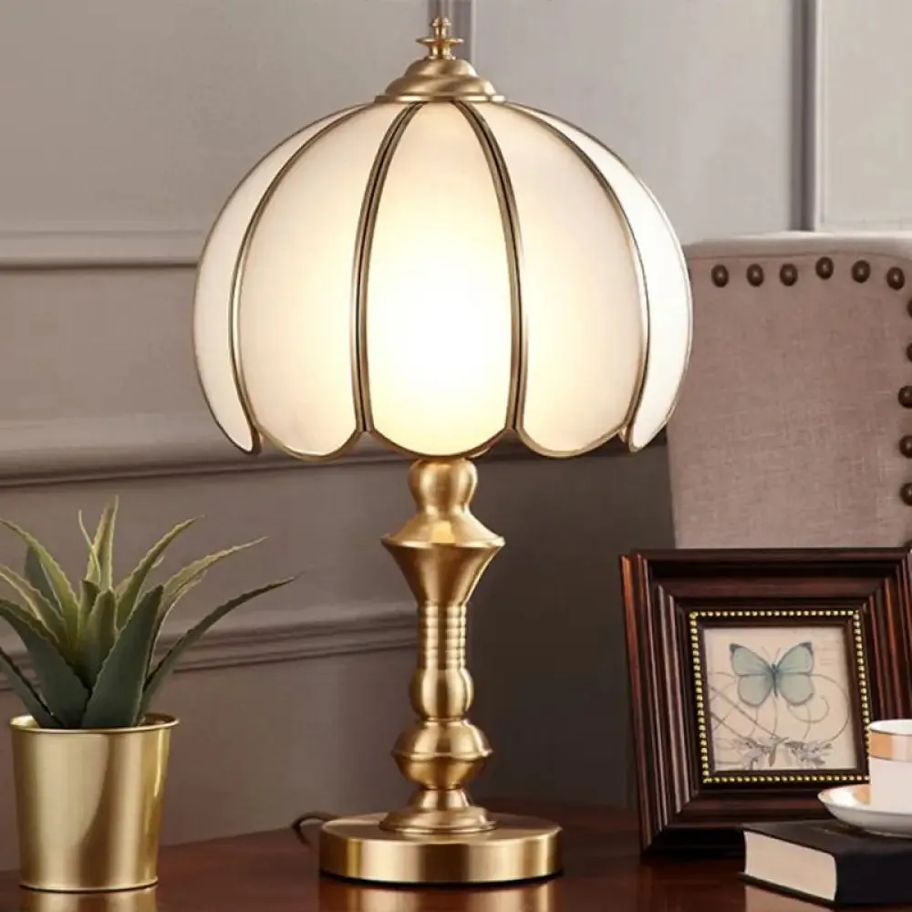 Colonial Style Brass Scalloped Nightstand Lamp with Opaque Glass - Ideal for Single Bedroom Nightstands