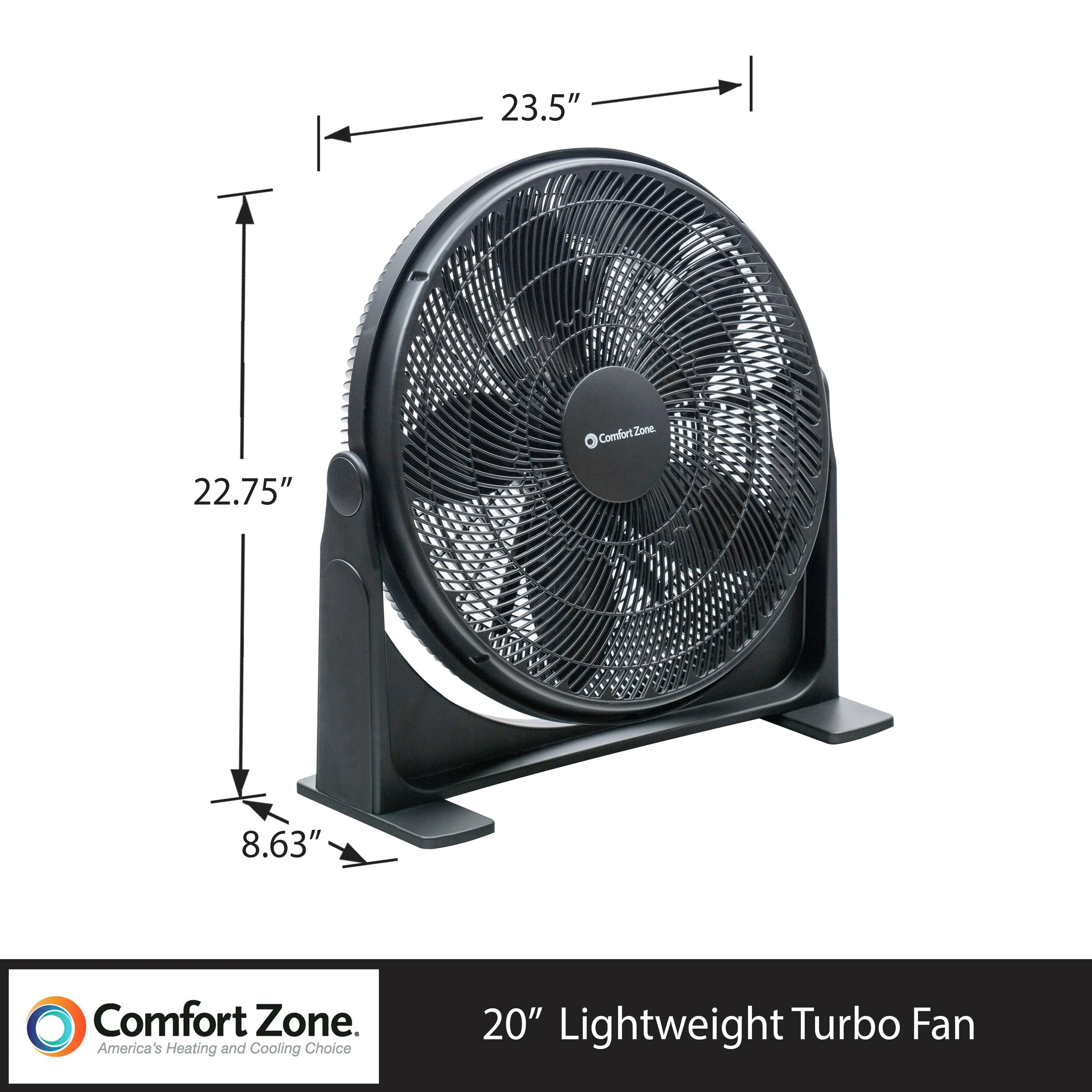 Comfort Zone 20" 3-Speed High Velocity Floor Fan in Black