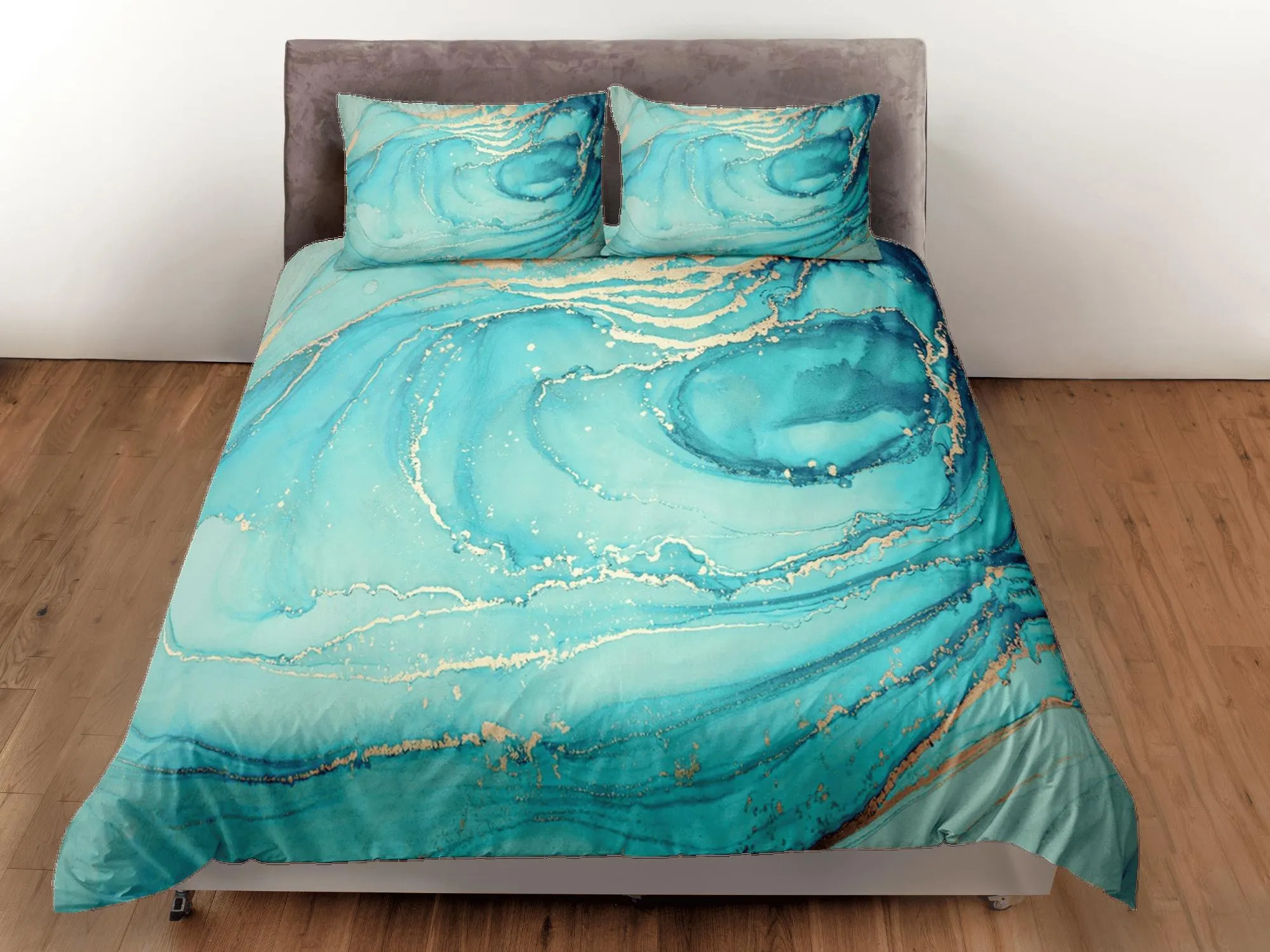 Contemporary bedroom set teal aesthetic duvet cover, luxury duvet gold marble abstract art room decor boho chic bedding set full king queen