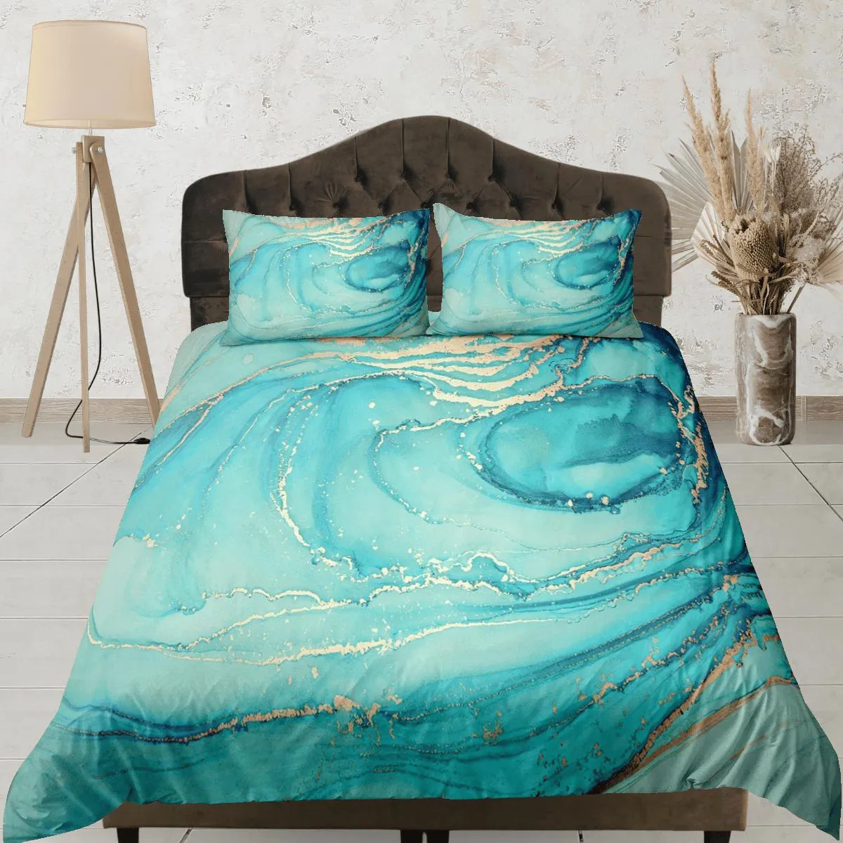 Contemporary bedroom set teal aesthetic duvet cover, luxury duvet gold marble abstract art room decor boho chic bedding set full king queen