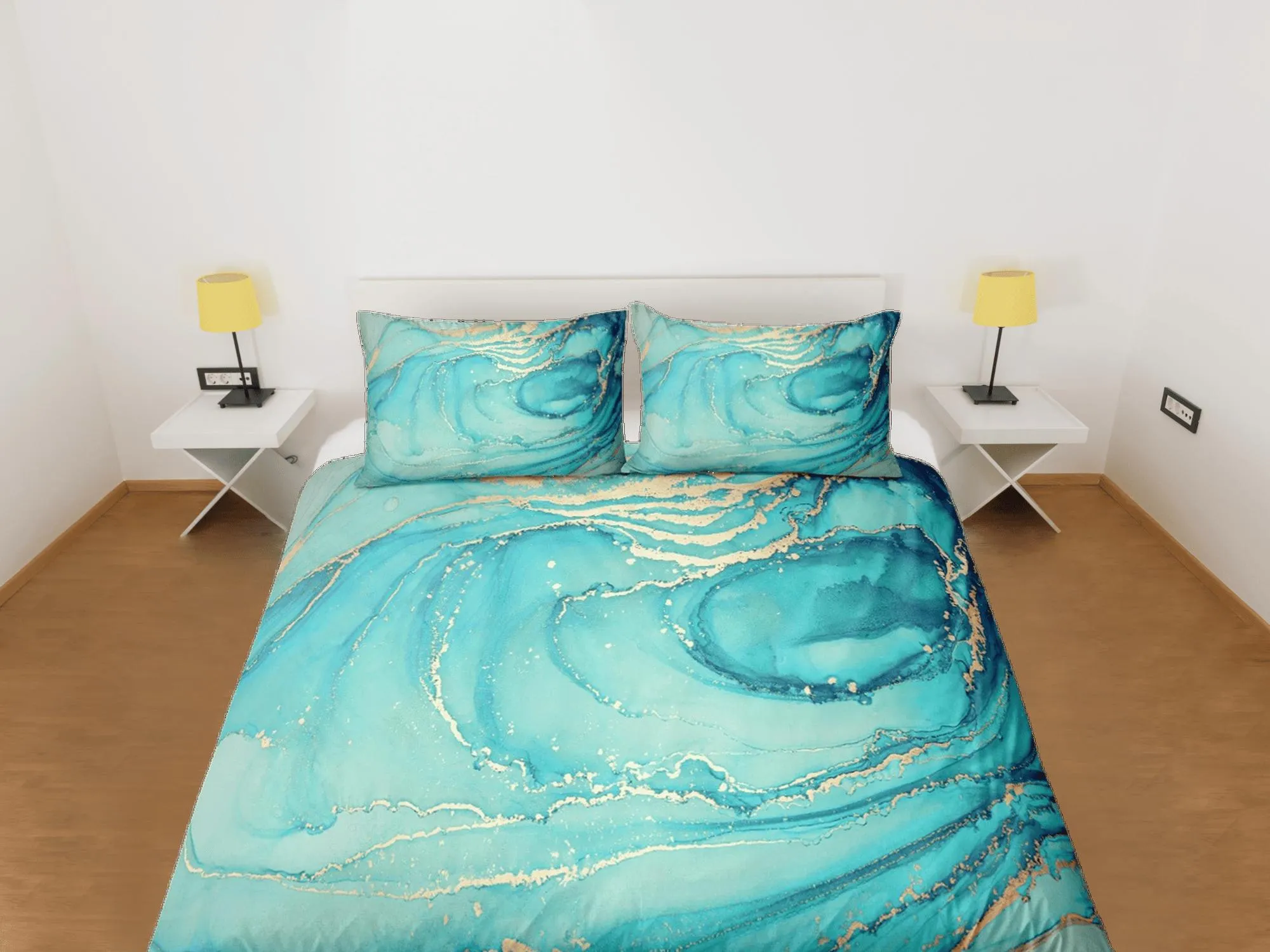 Contemporary bedroom set teal aesthetic duvet cover, luxury duvet gold marble abstract art room decor boho chic bedding set full king queen