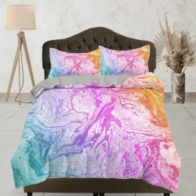 Contemporary bedroom set unicorn colors aesthetic duvet cover, alcohol ink abstract art room decor boho chic bedding set full king queen