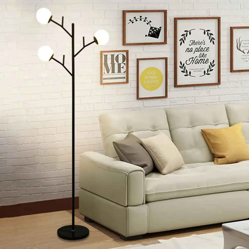 Contemporary Metal Floor Lamp - Tree-Like Design with 3 Bulbs - Black/White - Bedroom Lighting