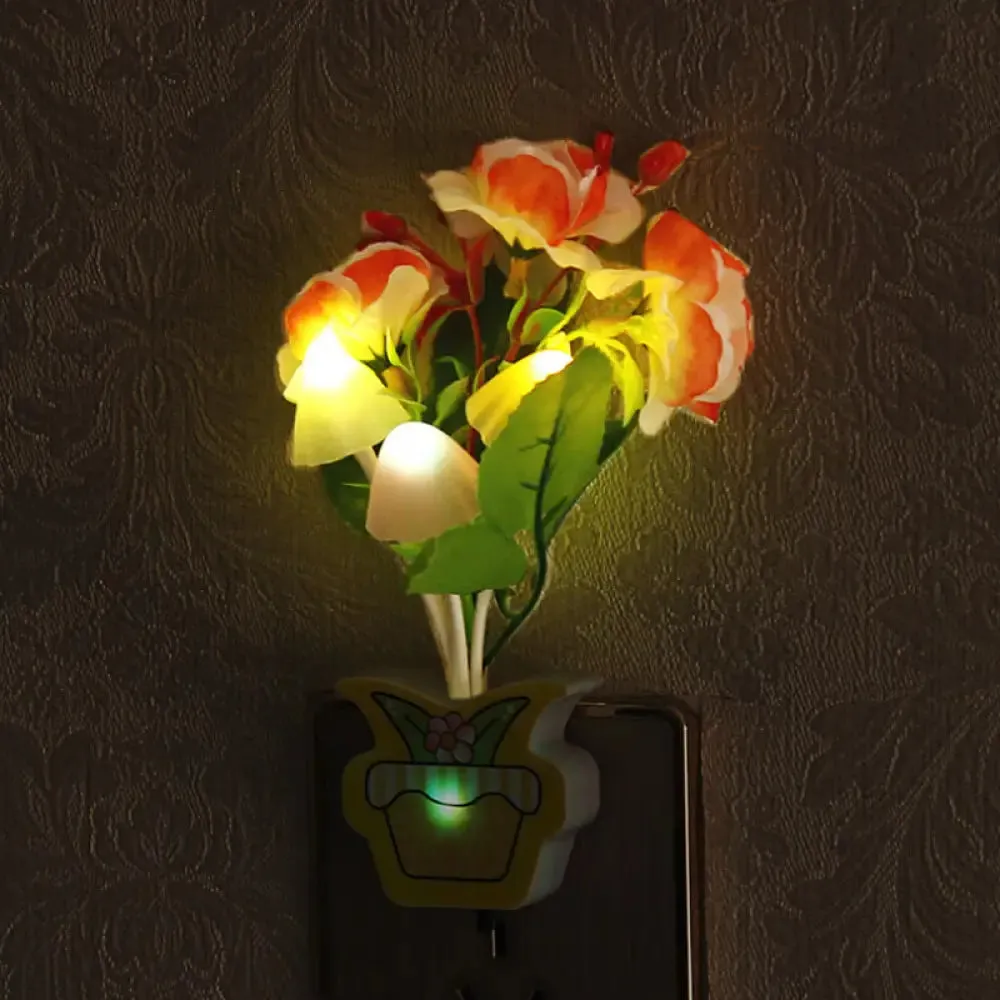 Contemporary Plastic Blooming Flower Wall Nightlight - Yellow/Pink/Peach LED Night Light with Plug