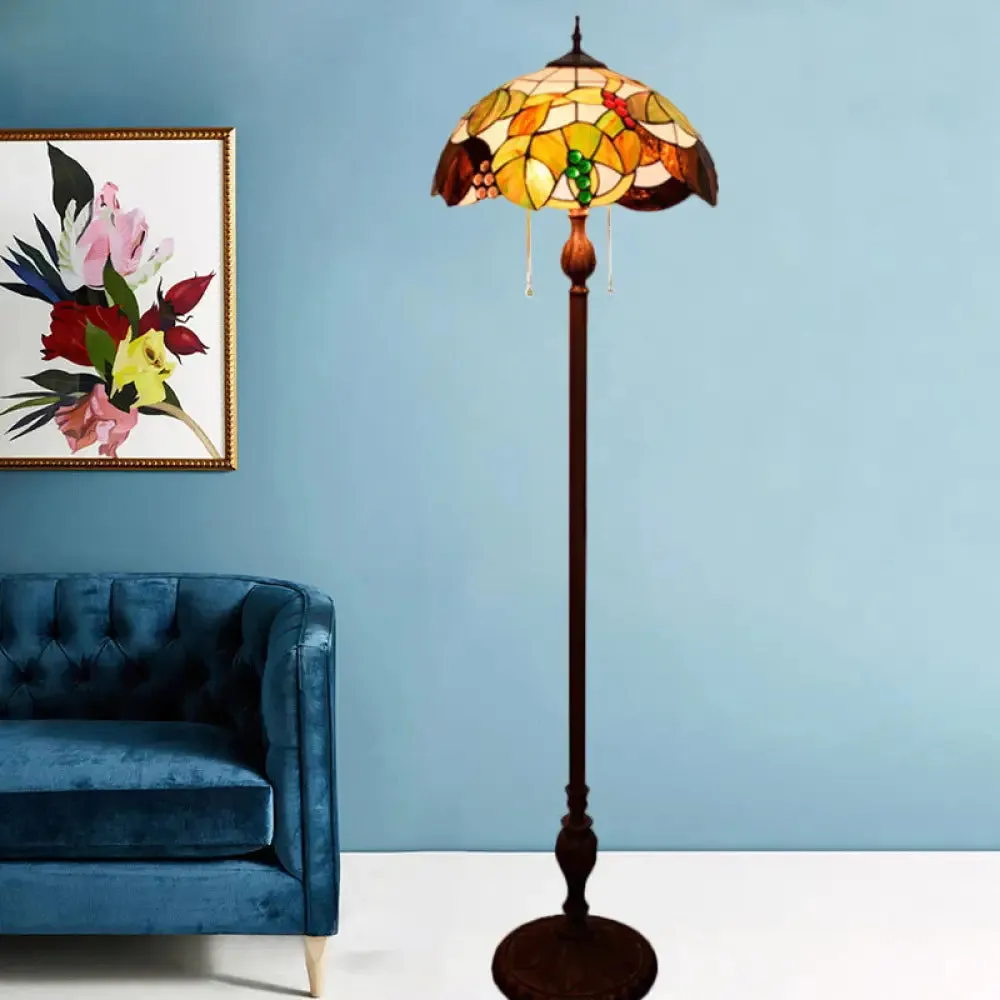 Copper Floor Lamp with Scalloped Cut Glass & Mediterranean Leaf and Grape Pattern - 3 Bulbs