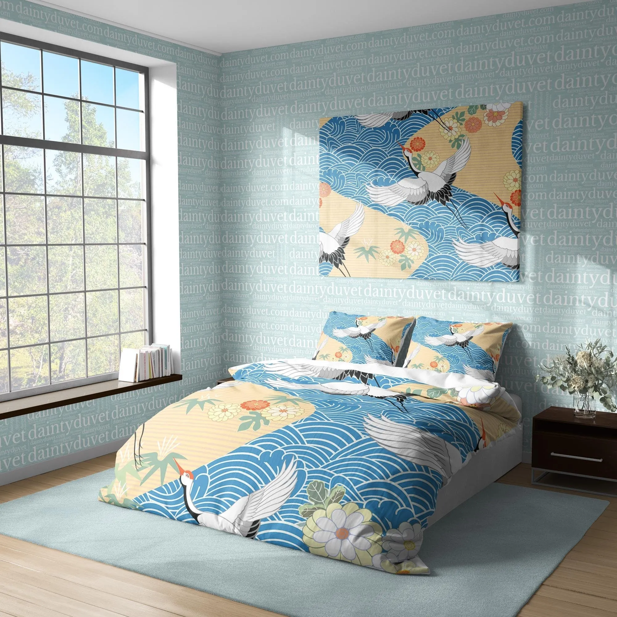 Crane Duvet Cover Japanese Bedding Set, Oriental Pattern Blanket Cover Ocean View Bedspread, Kids Bedroom Bed Cover Nursery Room Decor