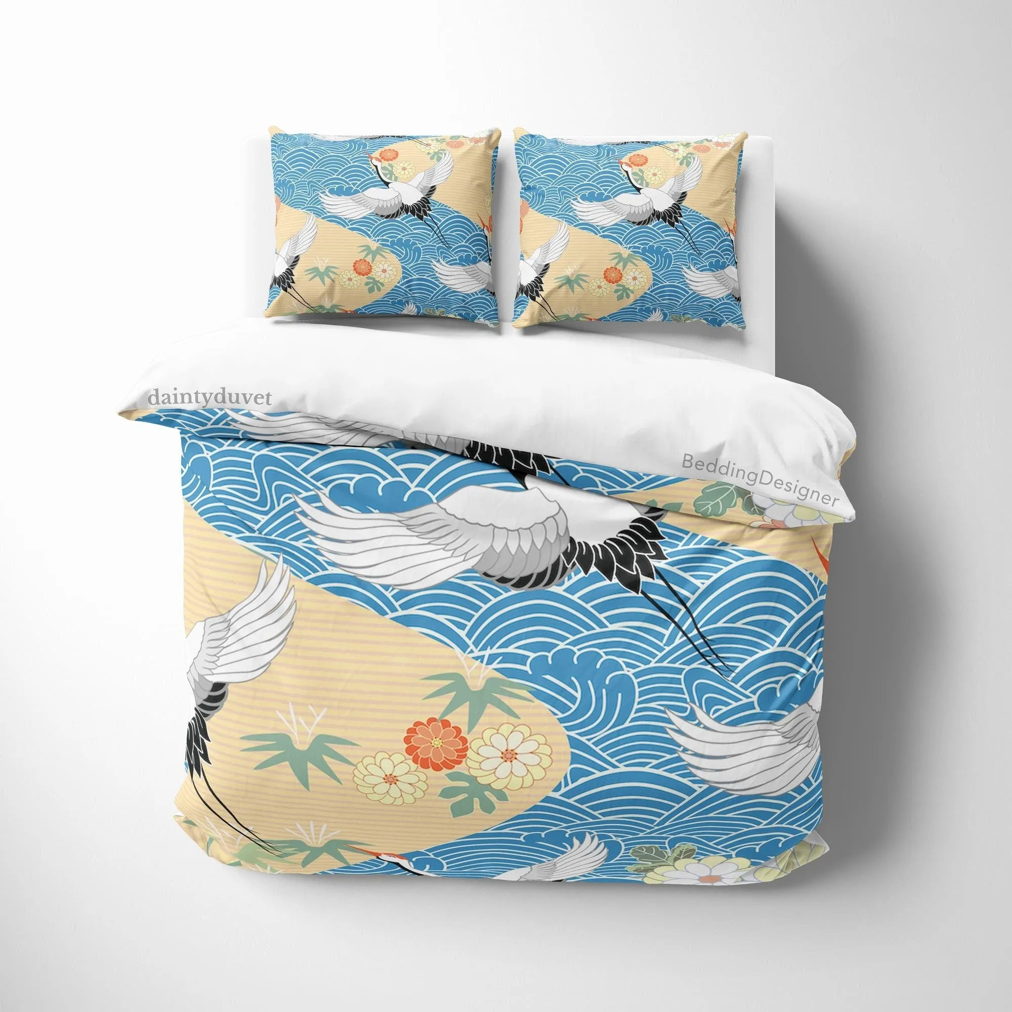 Crane Duvet Cover Japanese Bedding Set, Oriental Pattern Blanket Cover Ocean View Bedspread, Kids Bedroom Bed Cover Nursery Room Decor