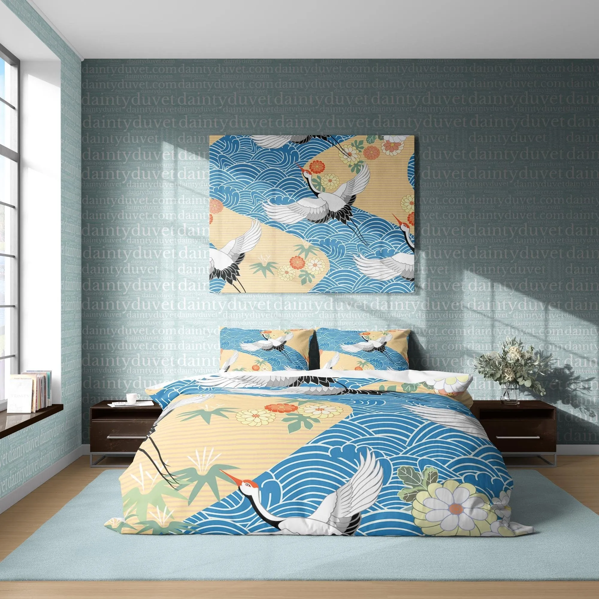 Crane Duvet Cover Japanese Bedding Set, Oriental Pattern Blanket Cover Ocean View Bedspread, Kids Bedroom Bed Cover Nursery Room Decor