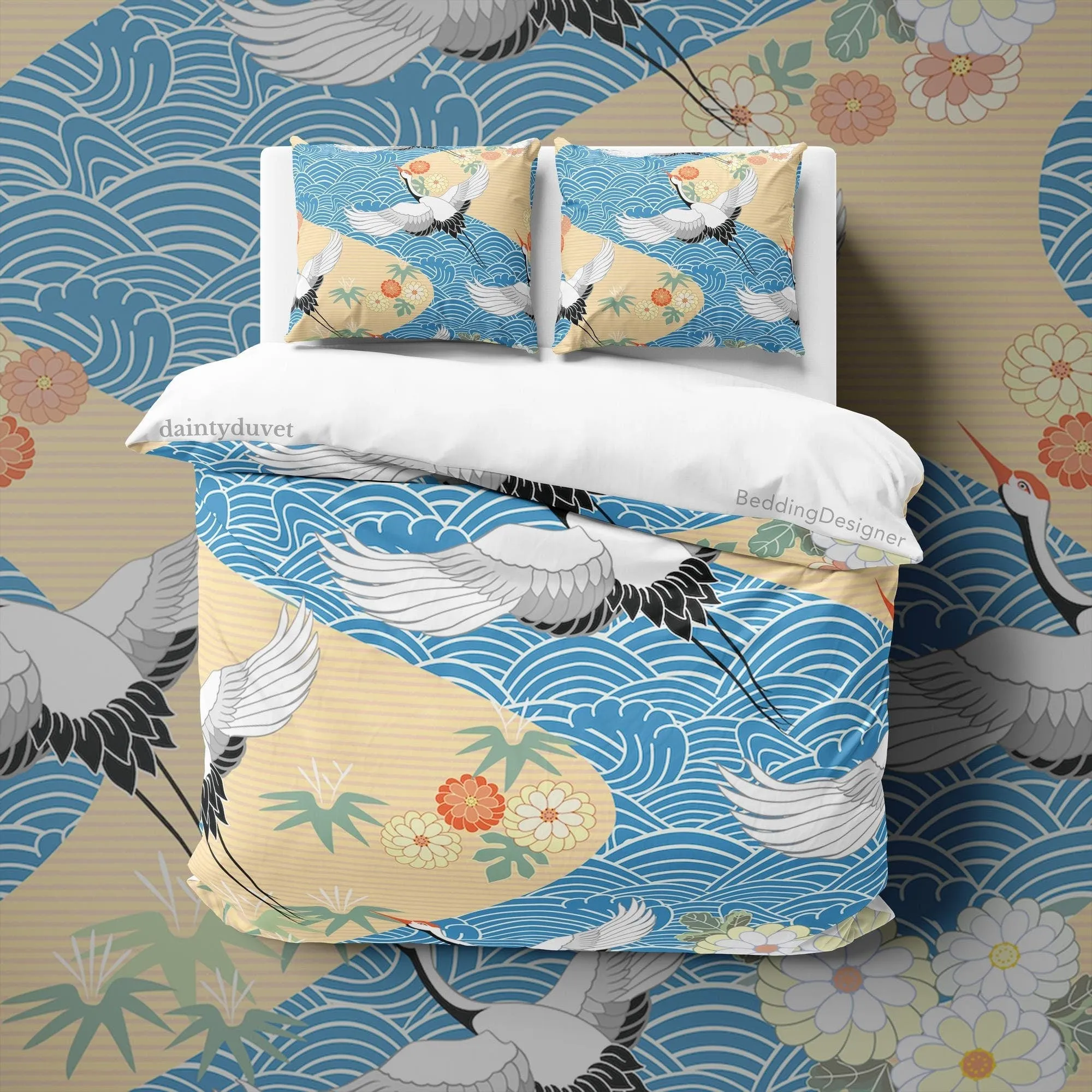 Crane Duvet Cover Japanese Bedding Set, Oriental Pattern Blanket Cover Ocean View Bedspread, Kids Bedroom Bed Cover Nursery Room Decor