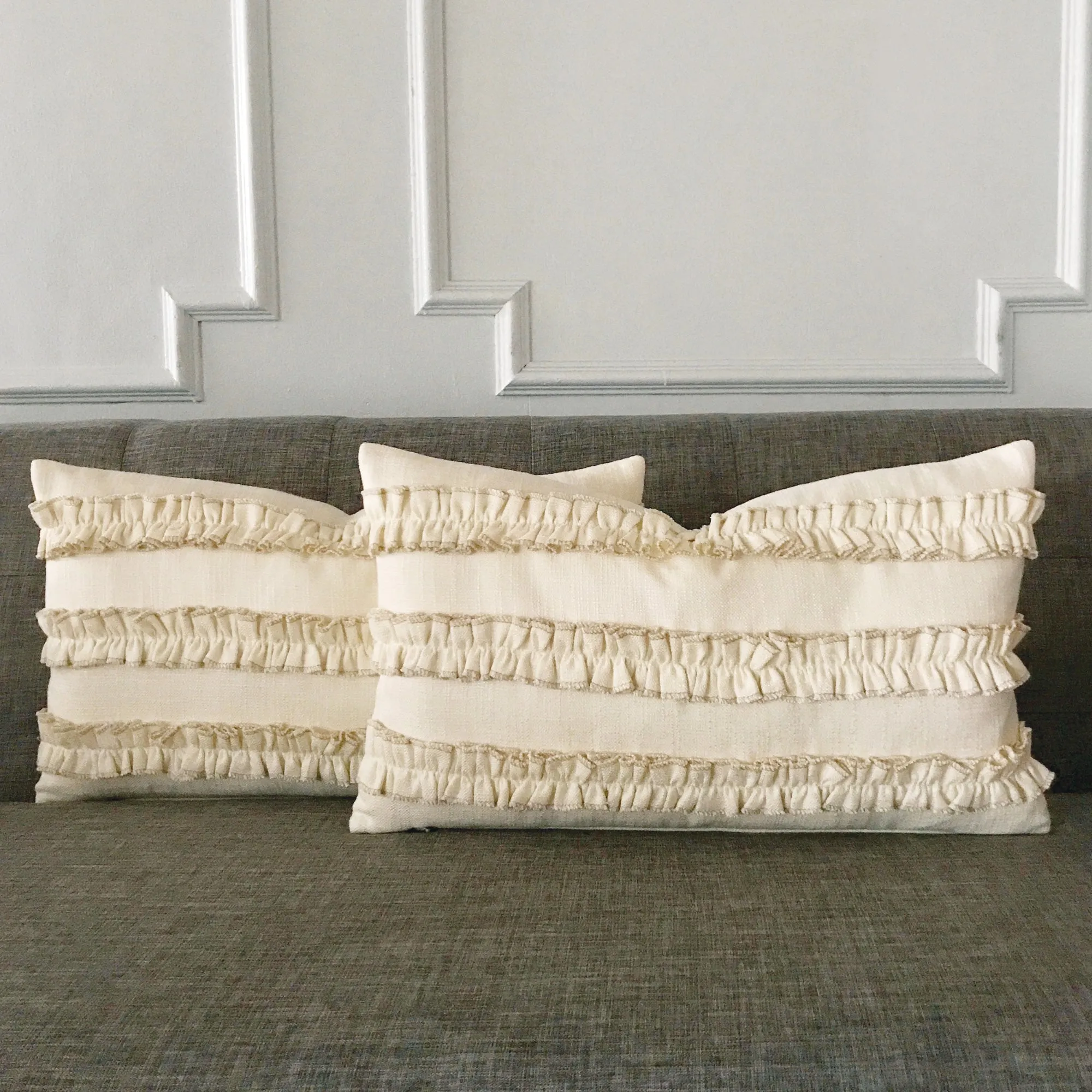 Cream Ruffled Luxury Woven Lumbar Pillow Cover 13x22