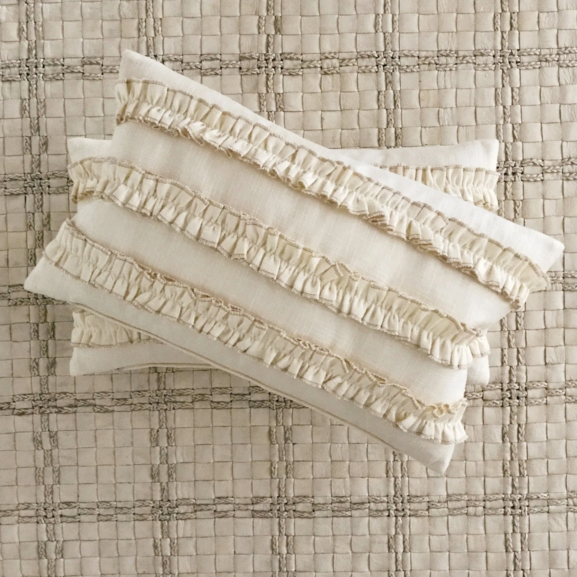 Cream Ruffled Luxury Woven Lumbar Pillow Cover 13x22