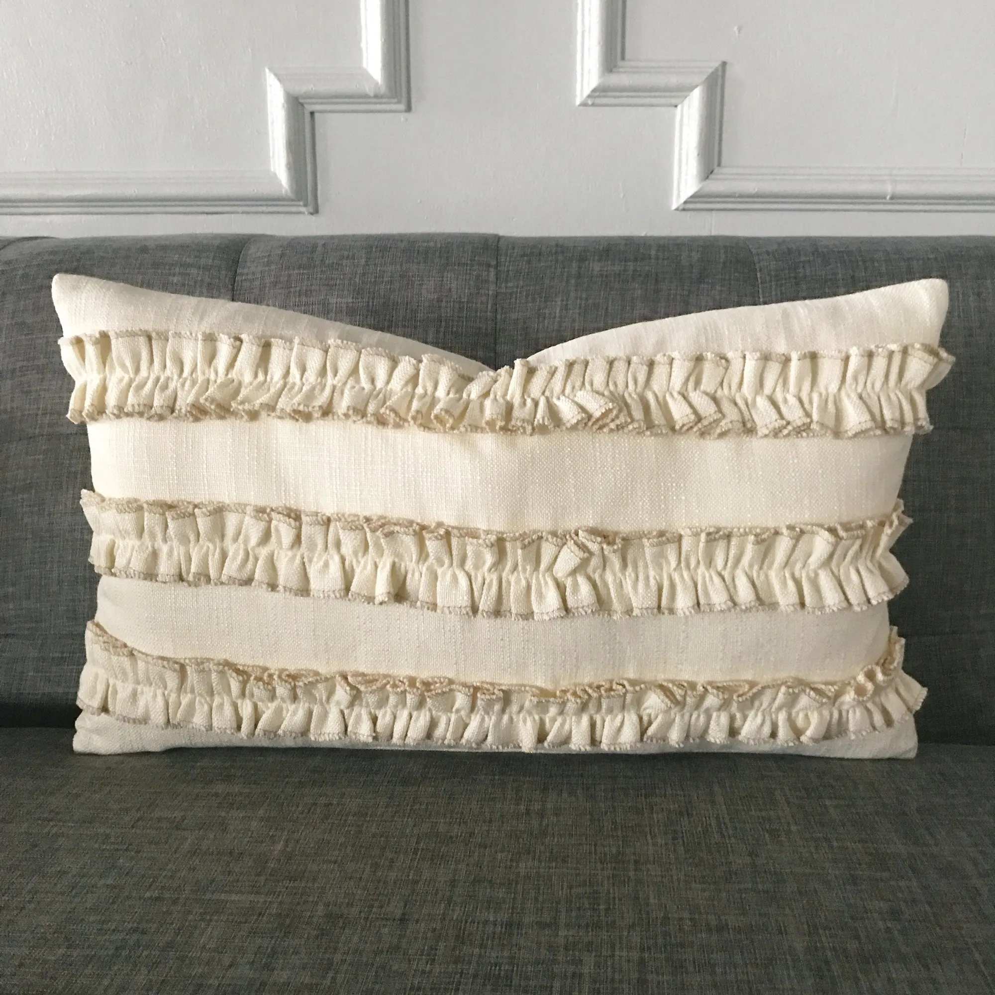 Cream Ruffled Luxury Woven Lumbar Pillow Cover 13x22