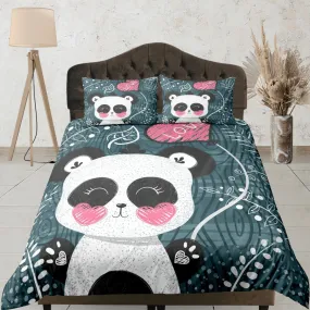 Cute Panda Green Duvet Cover Set Colorful Bedspread, Kids Bedding with Pillowcase