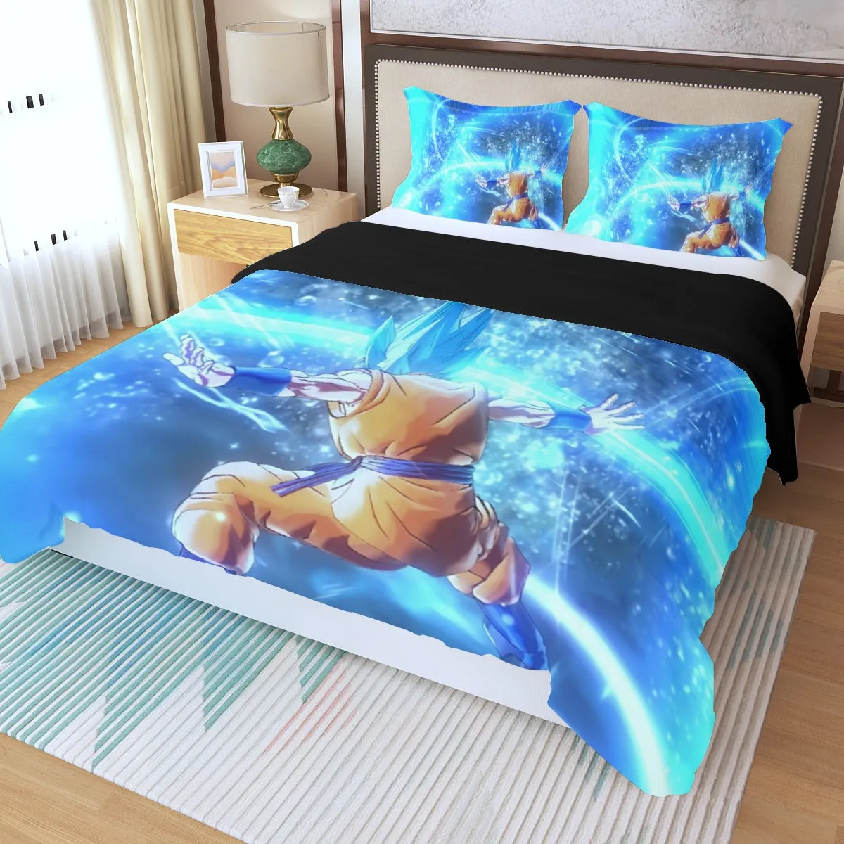 DBZ Goku SSGSS Saiyan God Blue Aura Blasting Streetwear Three Piece Duvet Cover Set