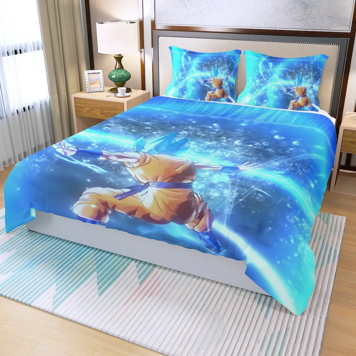 DBZ Goku SSGSS Saiyan God Blue Aura Blasting Streetwear Three Piece Duvet Cover Set