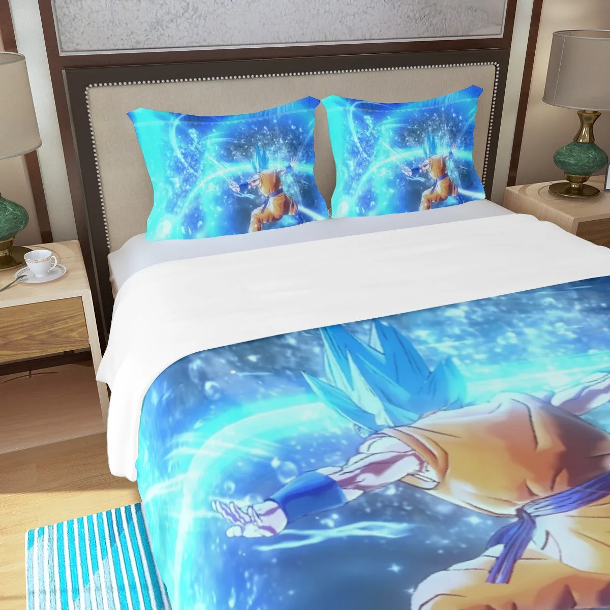 DBZ Goku SSGSS Saiyan God Blue Aura Blasting Streetwear Three Piece Duvet Cover Set