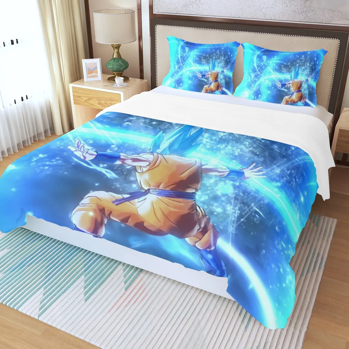 DBZ Goku SSGSS Saiyan God Blue Aura Blasting Streetwear Three Piece Duvet Cover Set