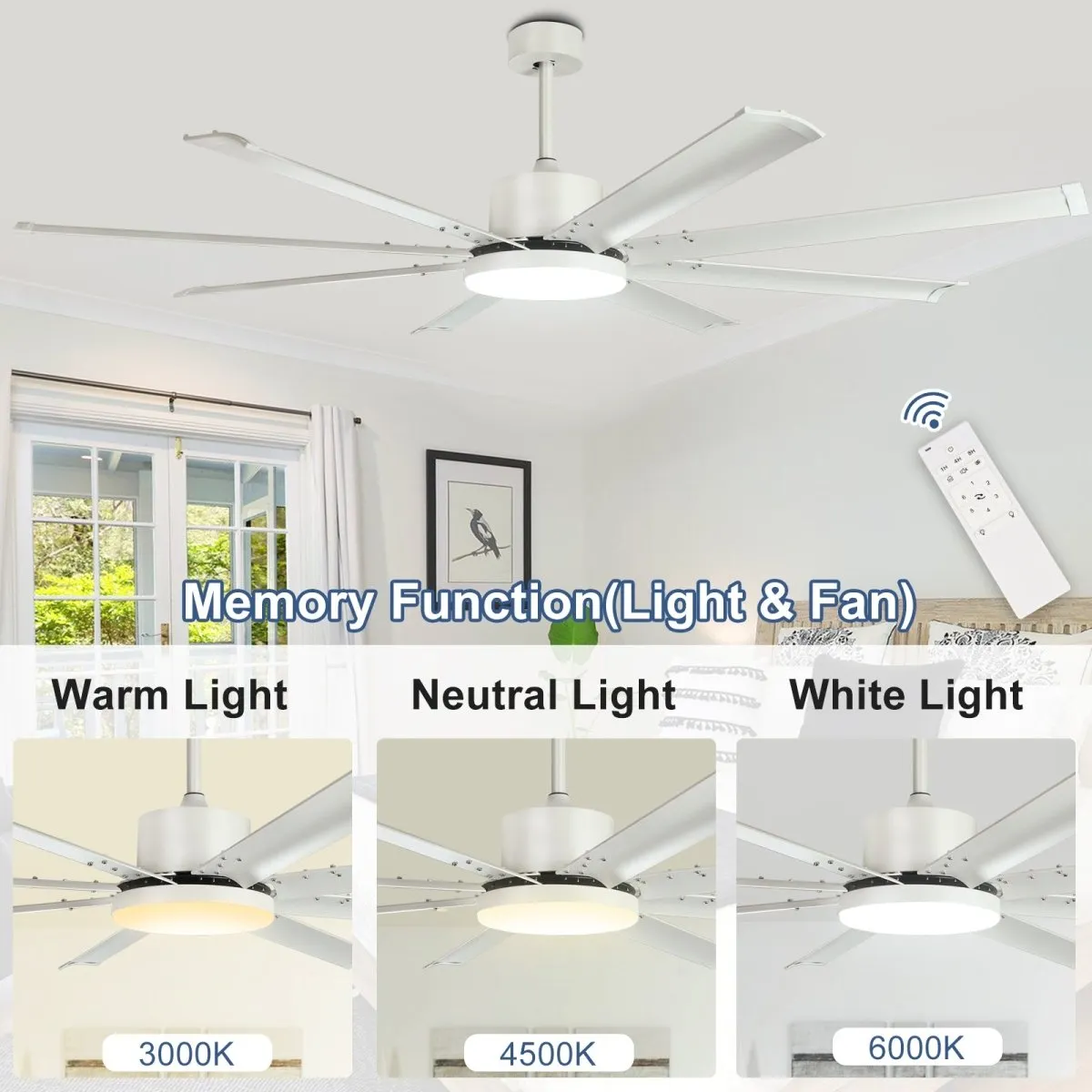 Depuley 72" White Ceiling Fans with Lights, Indoor/Outdoor Large Industrial Ceiling Fan with Remote Control, Reversible 8 Aluminum Blades and 6-Speed, 3CCT Dimmable LED Ceiling Fans for Bedroom Patio