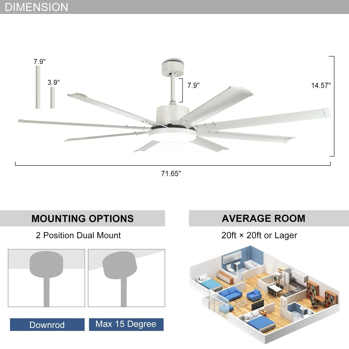 Depuley 72" White Ceiling Fans with Lights, Indoor/Outdoor Large Industrial Ceiling Fan with Remote Control, Reversible 8 Aluminum Blades and 6-Speed, 3CCT Dimmable LED Ceiling Fans for Bedroom Patio