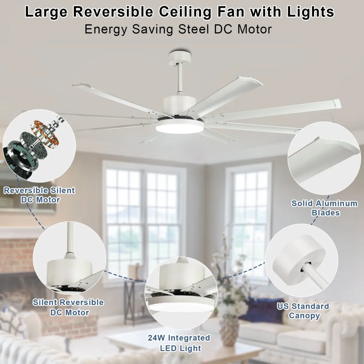 Depuley 72" White Ceiling Fans with Lights, Indoor/Outdoor Large Industrial Ceiling Fan with Remote Control, Reversible 8 Aluminum Blades and 6-Speed, 3CCT Dimmable LED Ceiling Fans for Bedroom Patio